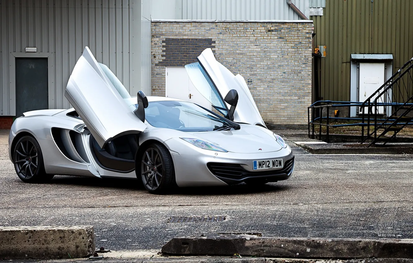 Photo wallpaper building, McLaren, silver, the door, the fence, side view, MP4-12C, McLaren