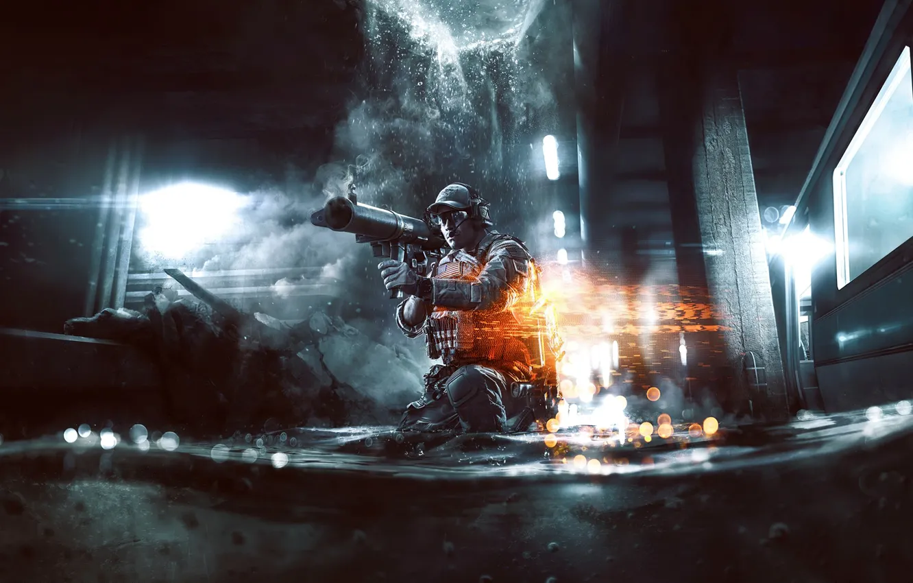Photo wallpaper Water, Light, Soldiers, Weapons, Military, Electronic Arts, DICE, Battlefield 4