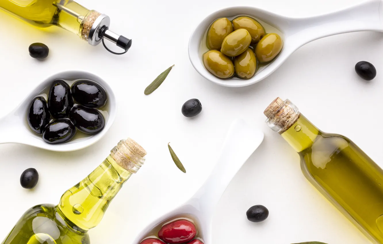 Photo wallpaper bottle, white background, olives, olives, olive oil