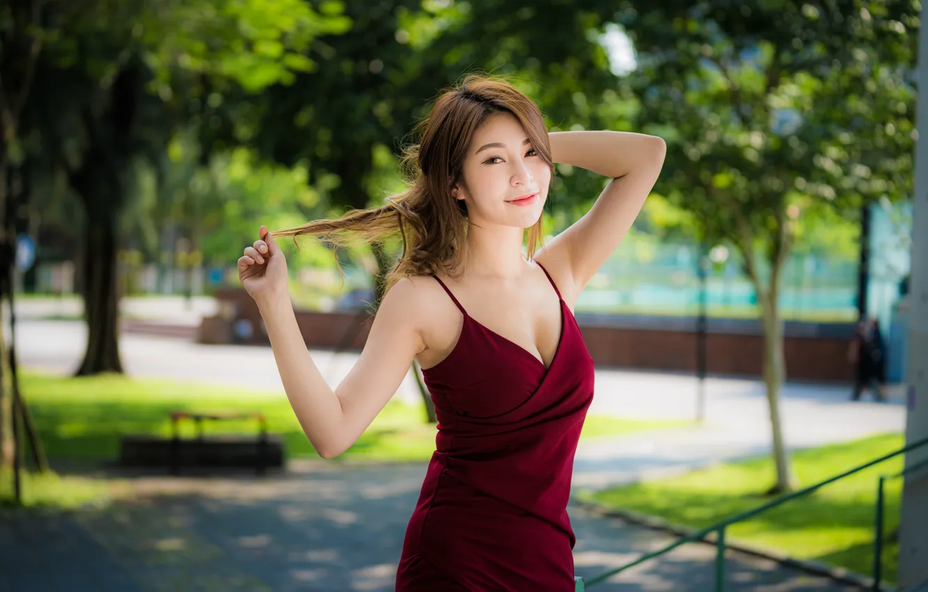 Photo wallpaper girl, pose, smile, hair, dress, Asian