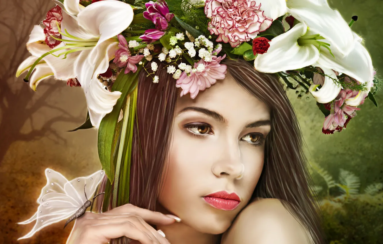 Photo wallpaper look, girl, flowers, face, butterfly, hands, art, wreath