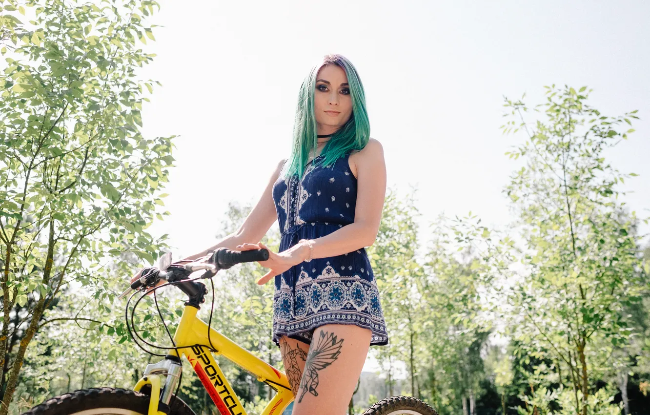 Photo wallpaper look, girl, bike, style, hair, color, tattoo