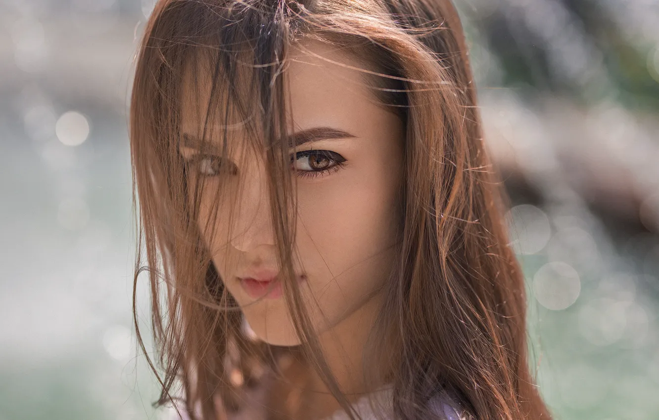 Photo wallpaper girl, long hair, brown hair, brown eyes, photo, photographer, model, bokeh