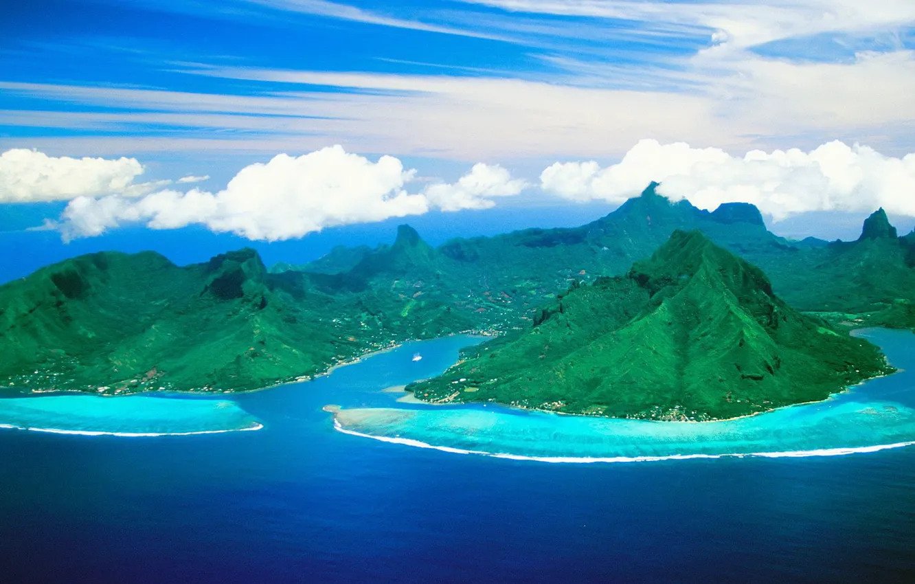 Photo wallpaper clouds, mountains, Bay