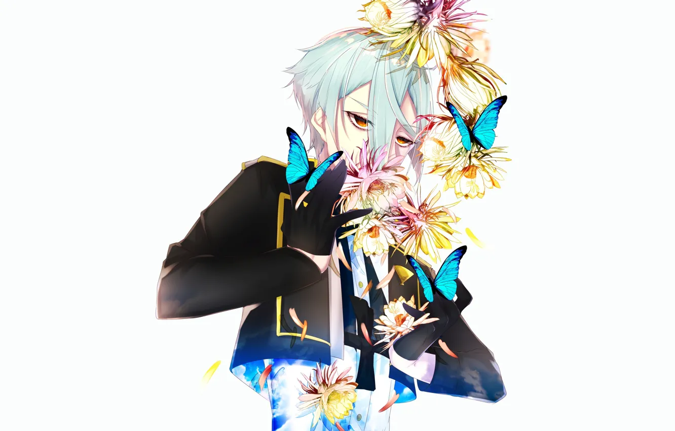 Photo wallpaper look, flowers, background, anime, art, guy, bangs, Touken Ranbu