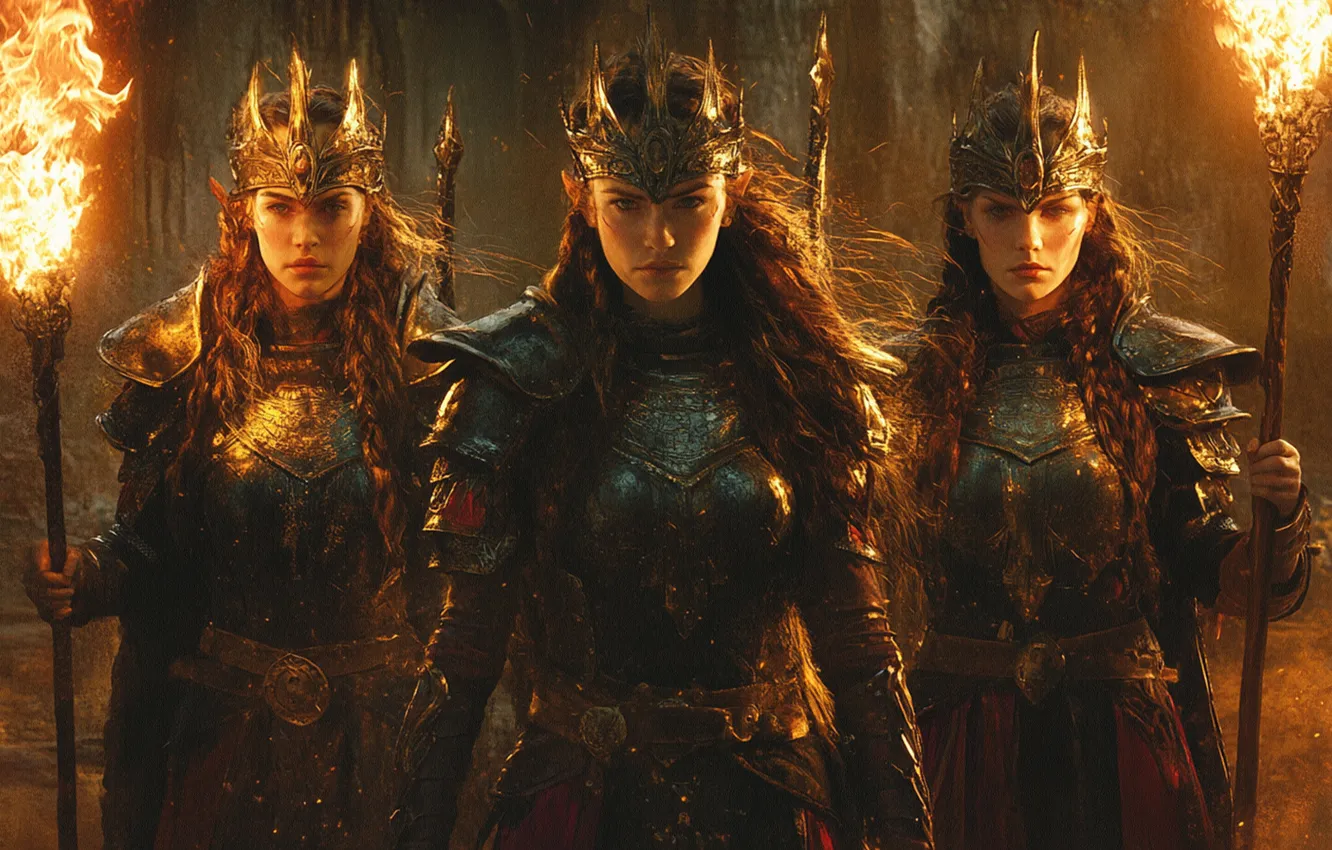 Photo wallpaper look, girl, light, lights, flame, armor, crown, fantasy