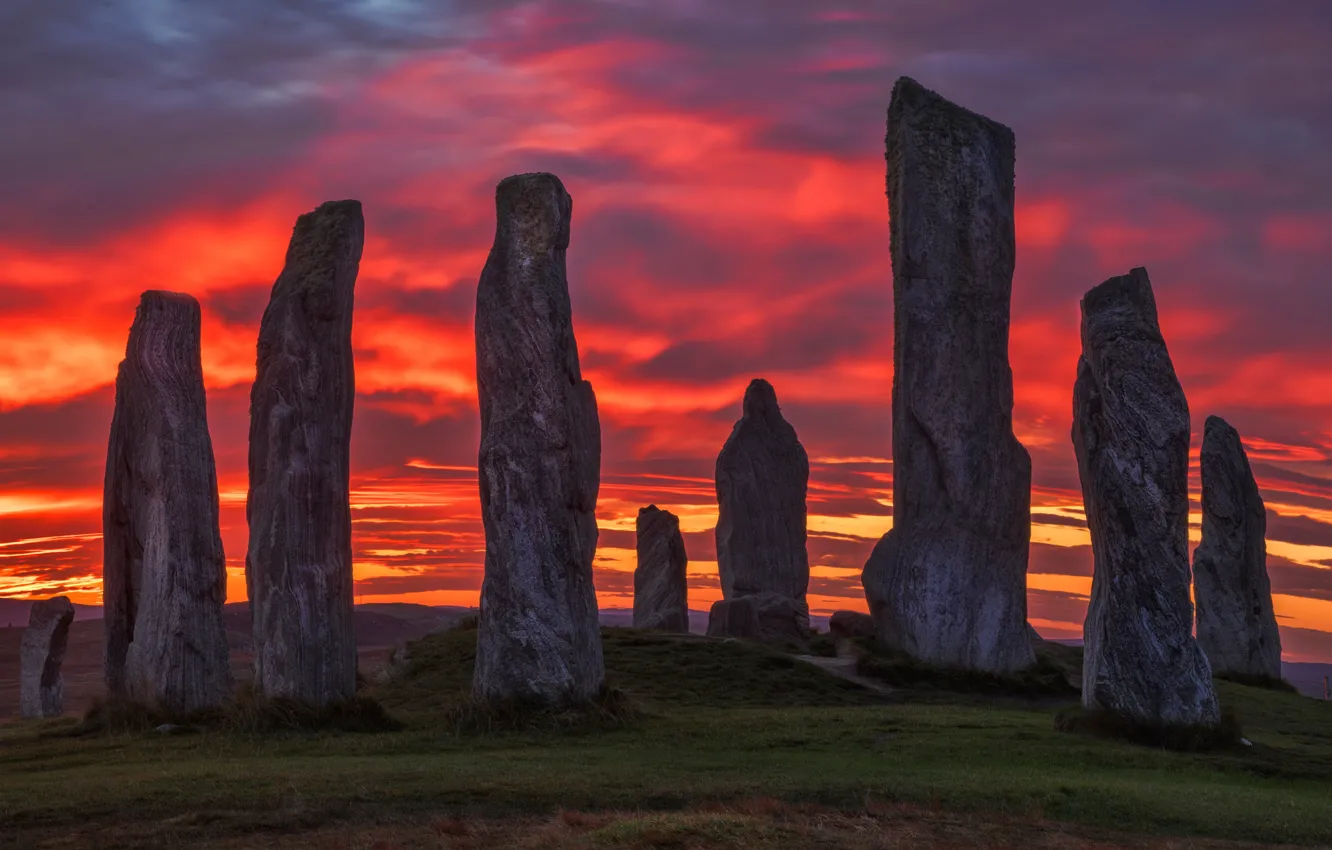 Photo wallpaper the sky, clouds, sunset, red, stones, Scotland, al, silhouettes