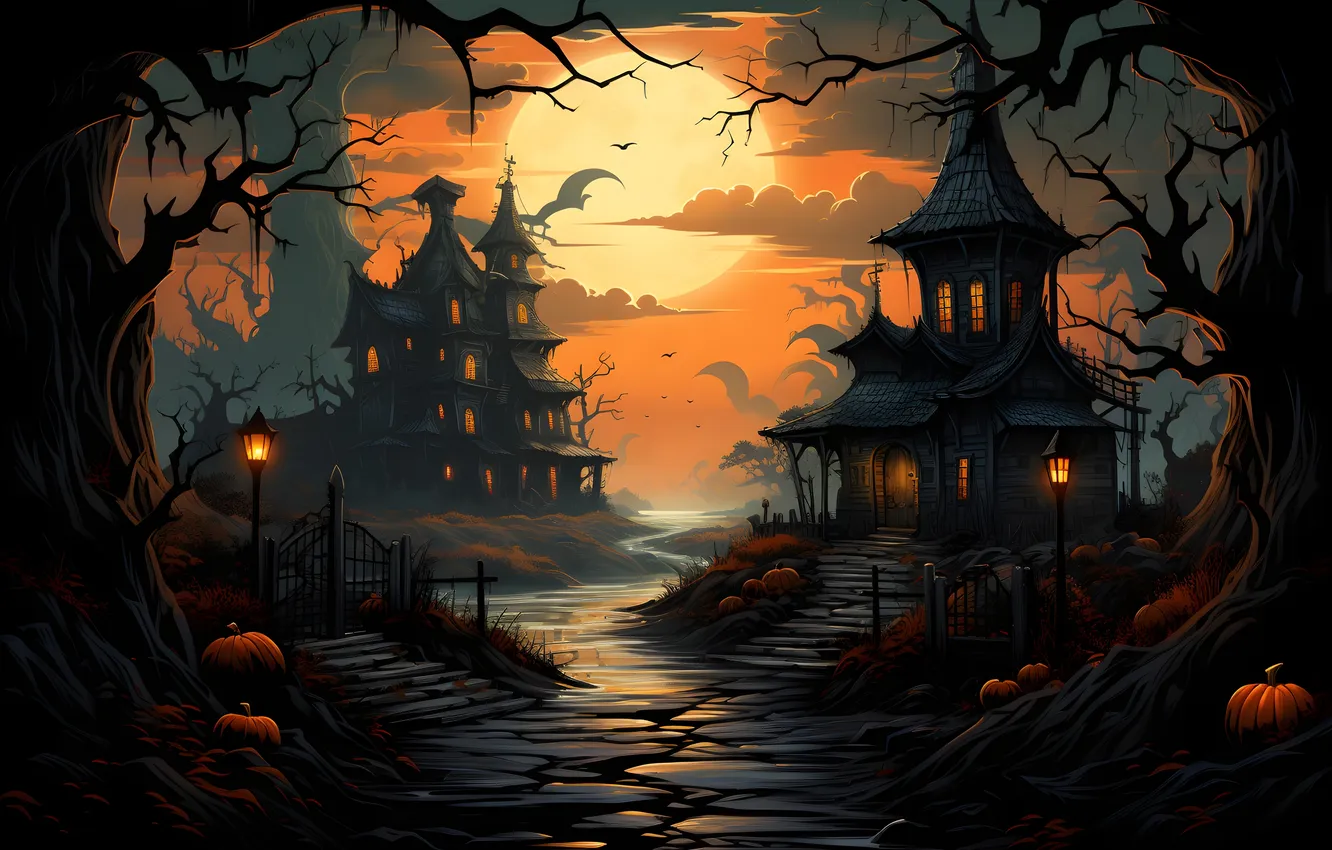 Photo wallpaper road, trees, night, clouds, lights, the moon, home, lights