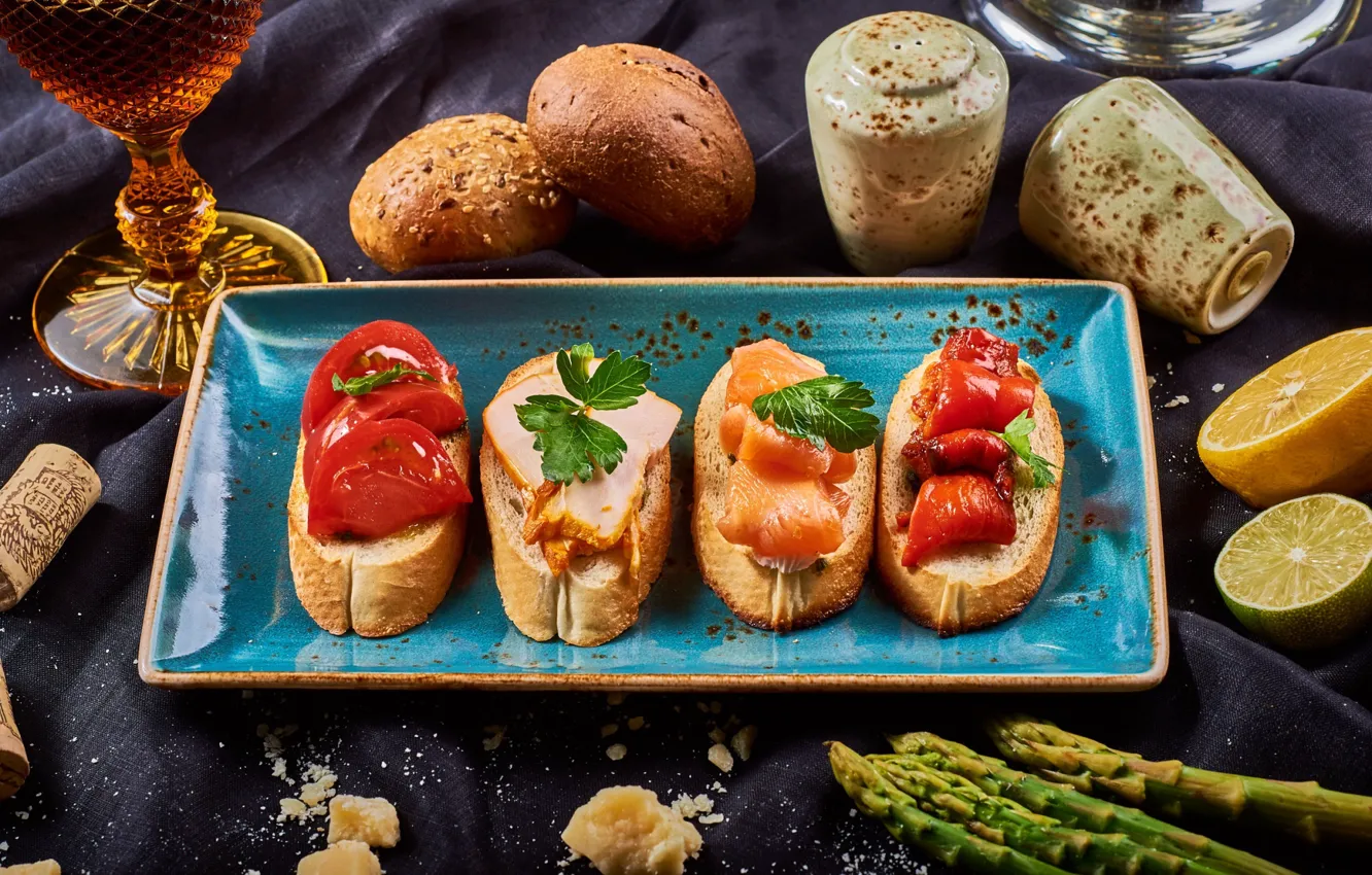 Photo wallpaper bread, lemon, asparagus, bruschetta, sandwiches, tomatoes