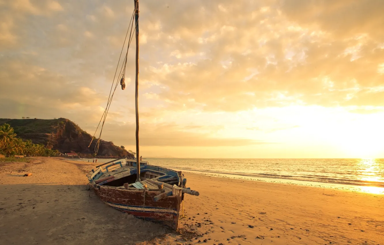 Photo wallpaper sand, sea, mountains, palm trees, ship