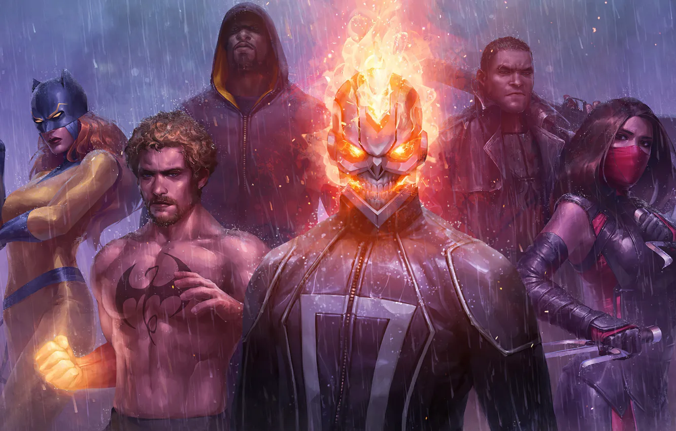 Photo wallpaper Elektra, Luke Cage, Robbie Reyes, Ghost Rider, iron fist, Marvel Future Fight, Marvel: Future Fight