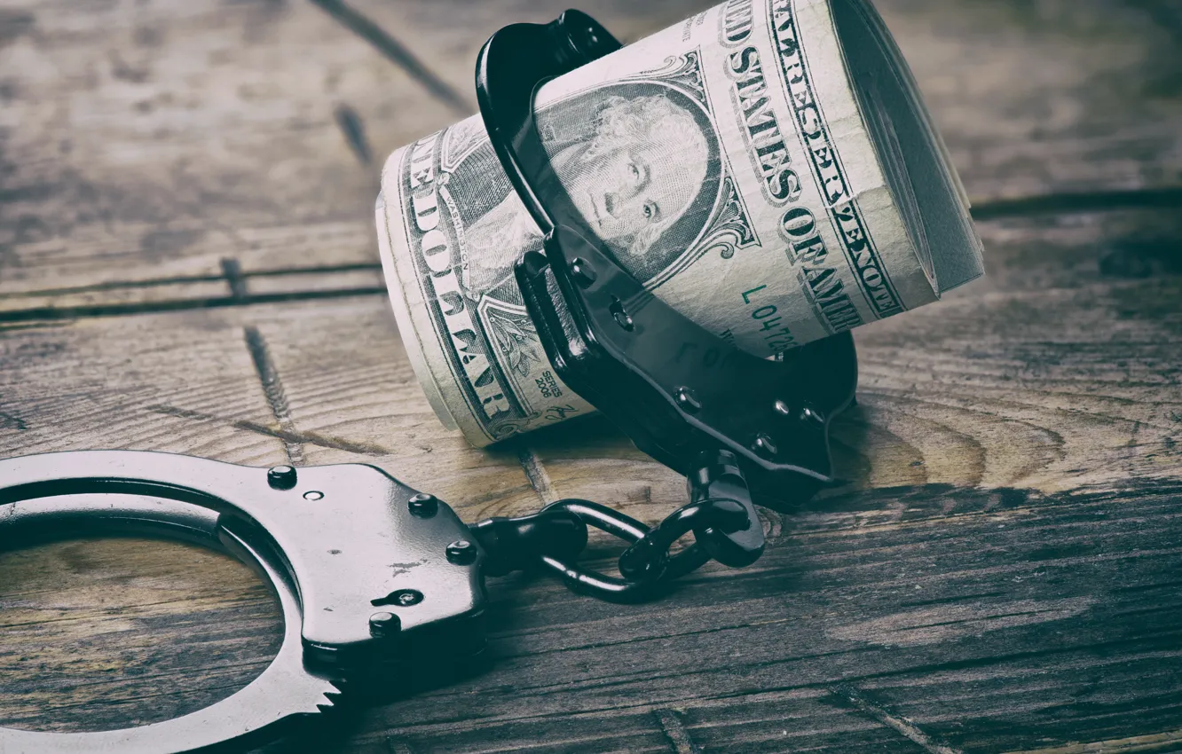 Photo wallpaper money, metal handcuffs, bail