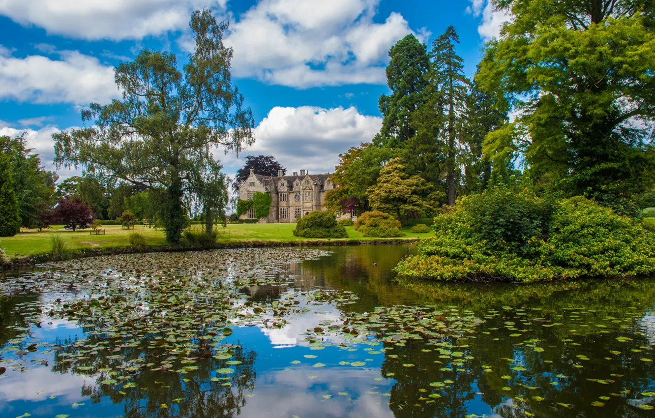 Photo wallpaper summer, clouds, pond, Park, England, building, summer, architecture