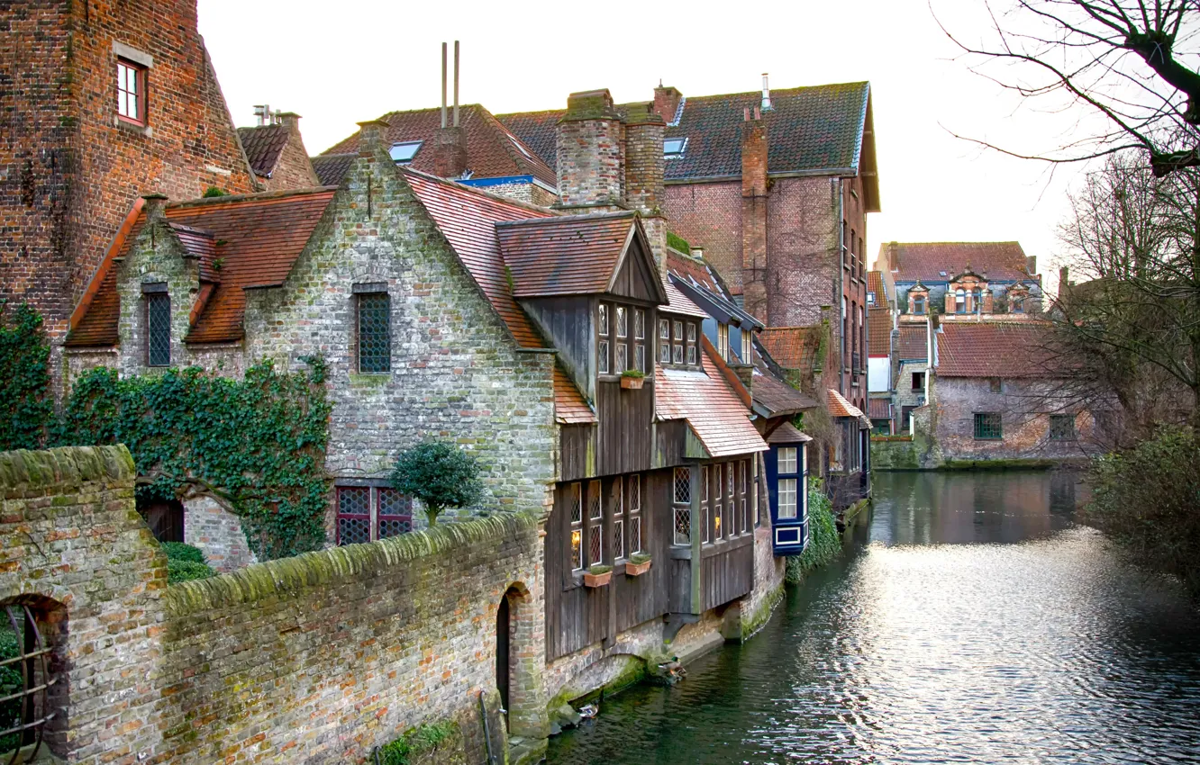 Photo wallpaper Channel, Belgium, Belgium, Bruges, Brugge, Canal, Medieval houses