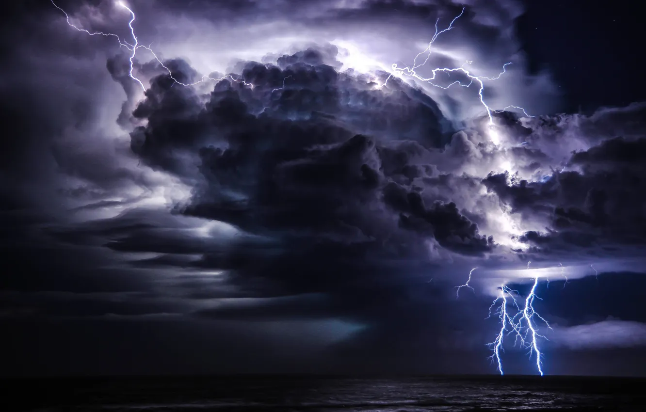 Photo wallpaper sea, the storm, wave, the sky, landscape, night, clouds, storm