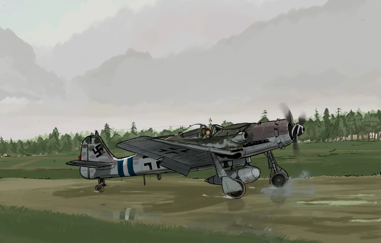 Photo wallpaper figure, fighter, pilot, the plane, the airfield, runway, The second world war, German