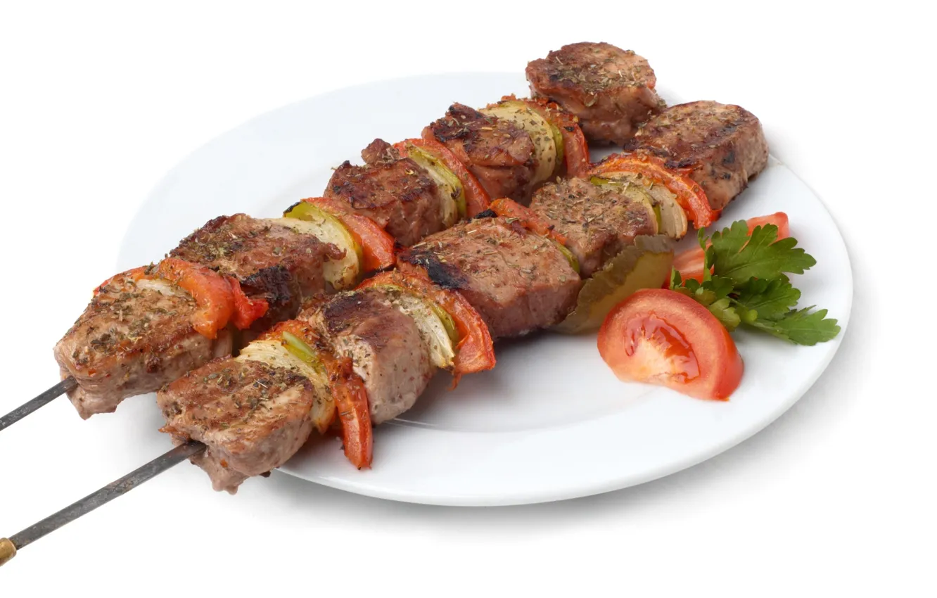Photo wallpaper plate, white background, tomatoes, parsley, kebab, skewers