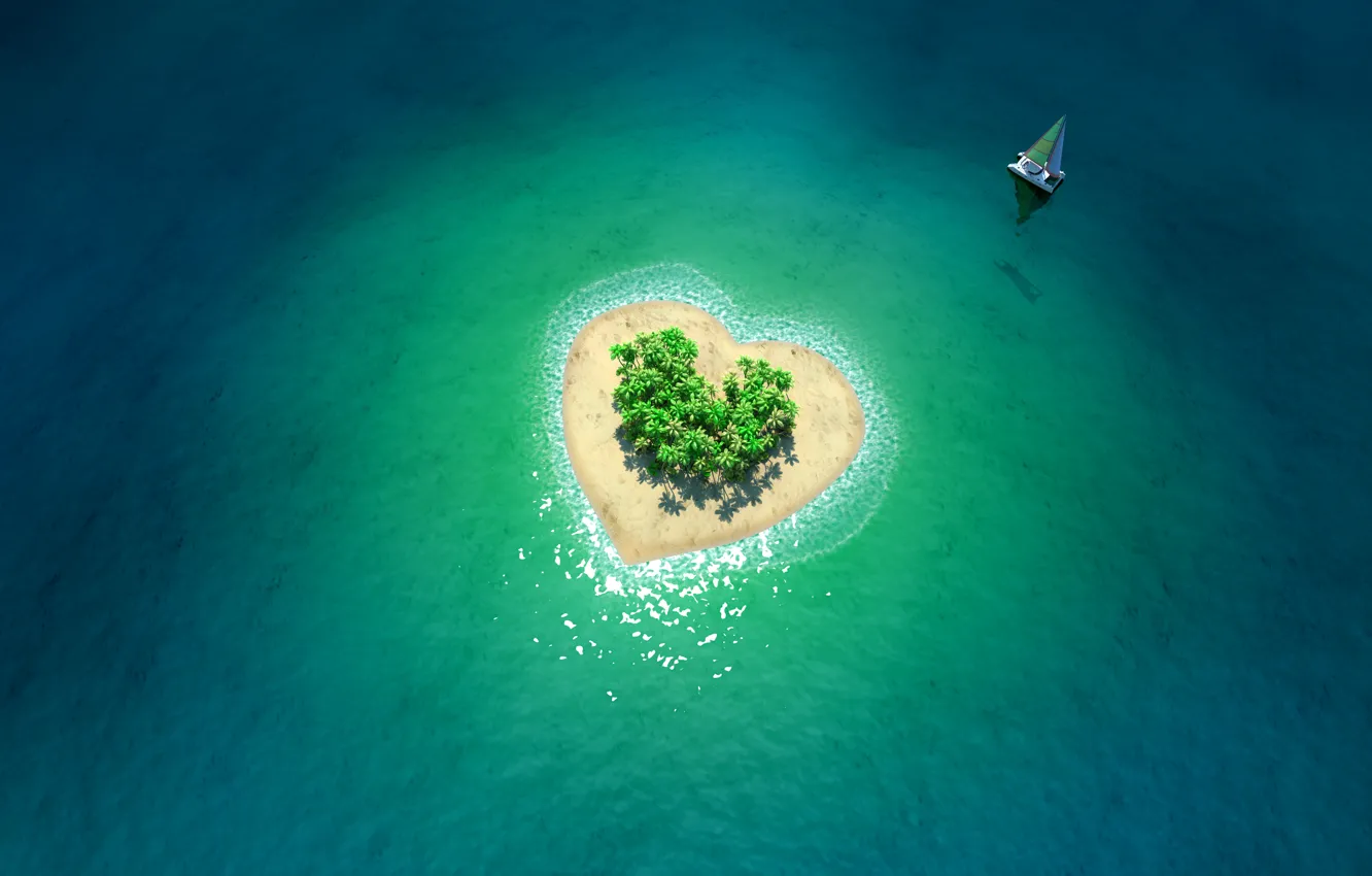 Photo wallpaper the ocean, boat, heart, island, tropical island in form of heart