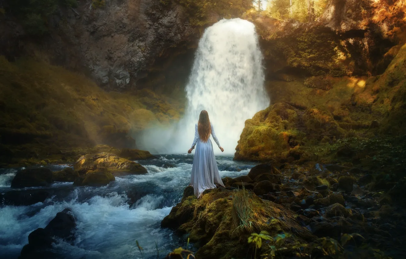 Photo wallpaper girl, stones, rocks, waterfall, dress