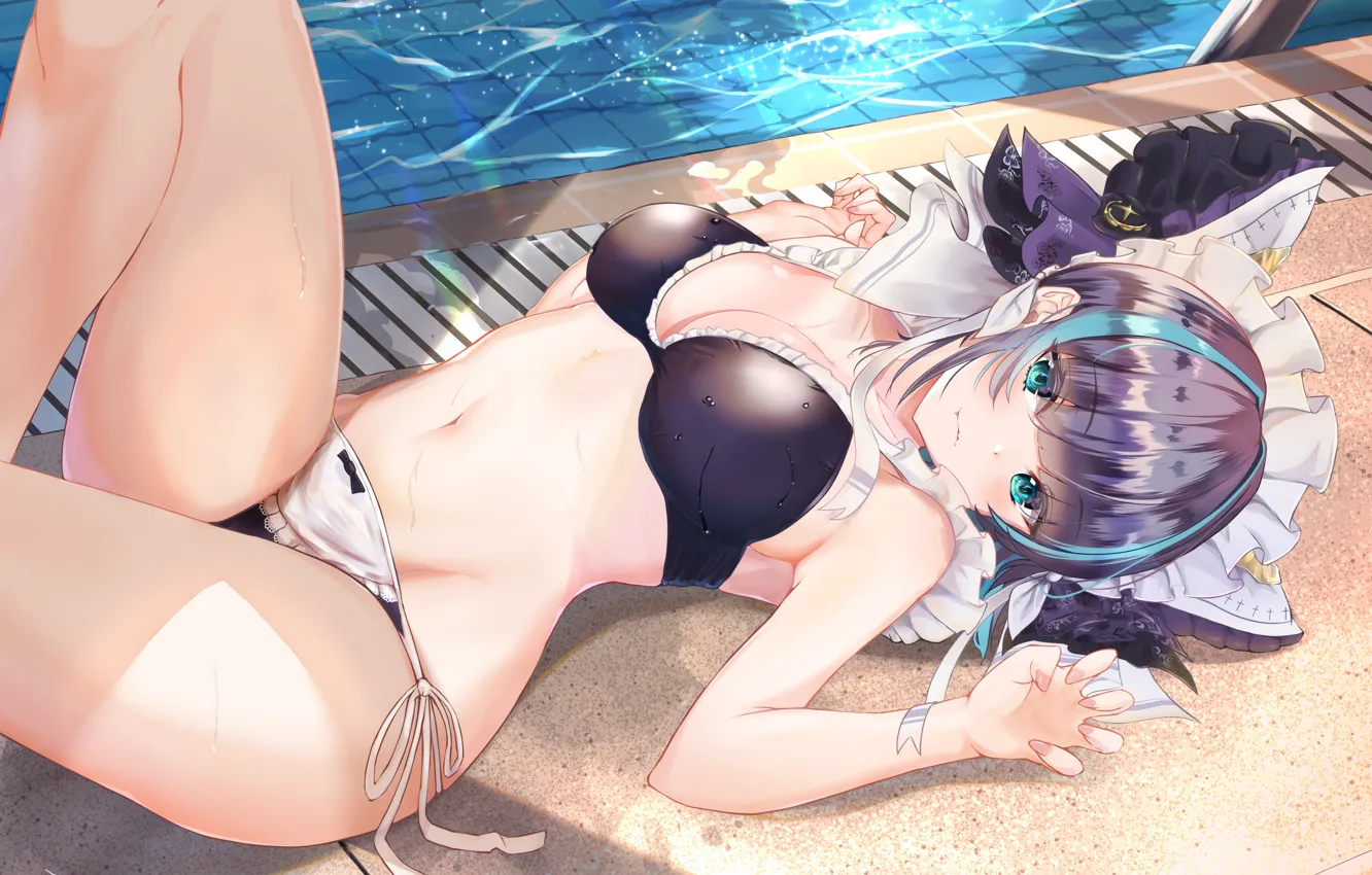Photo wallpaper girl, sexy, pool, cleavage, boobs, anime, blue eyes, beautiful