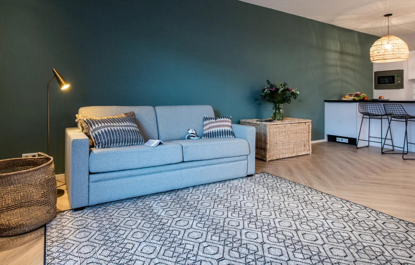 Photo wallpaper design, style, interior, kitchen, sofa, Holland, living room, by Short Stay