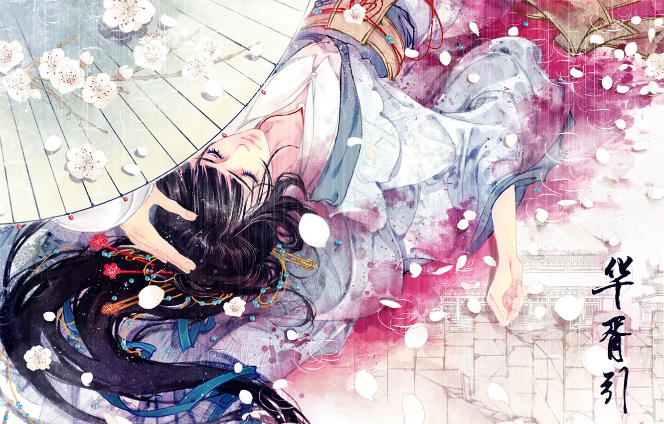 Photo wallpaper flowers, rain, blood, hand, Girl, umbrella, petals, characters