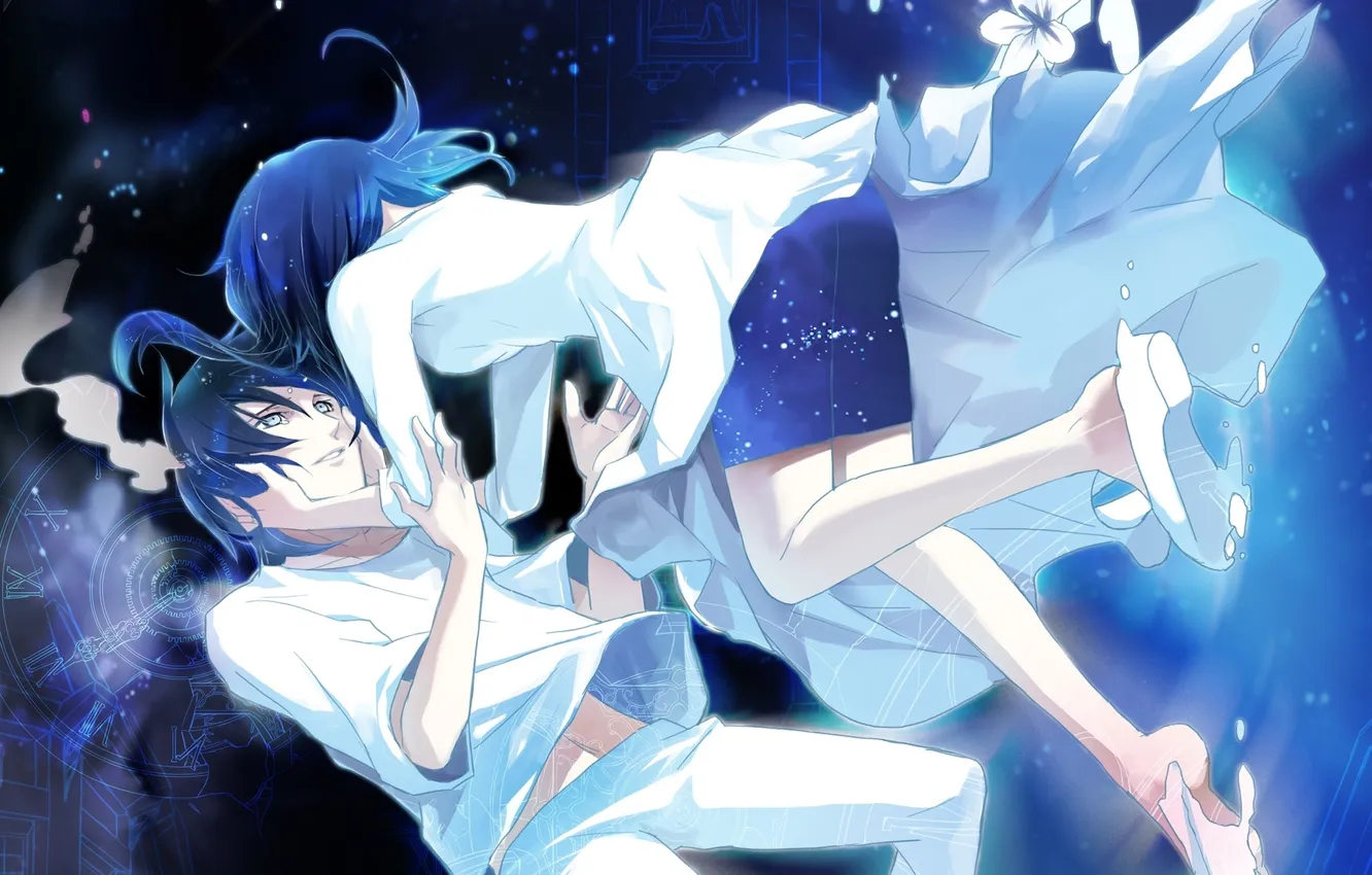 Photo wallpaper girl, flowers, night, watch, anime, drop, art, guy