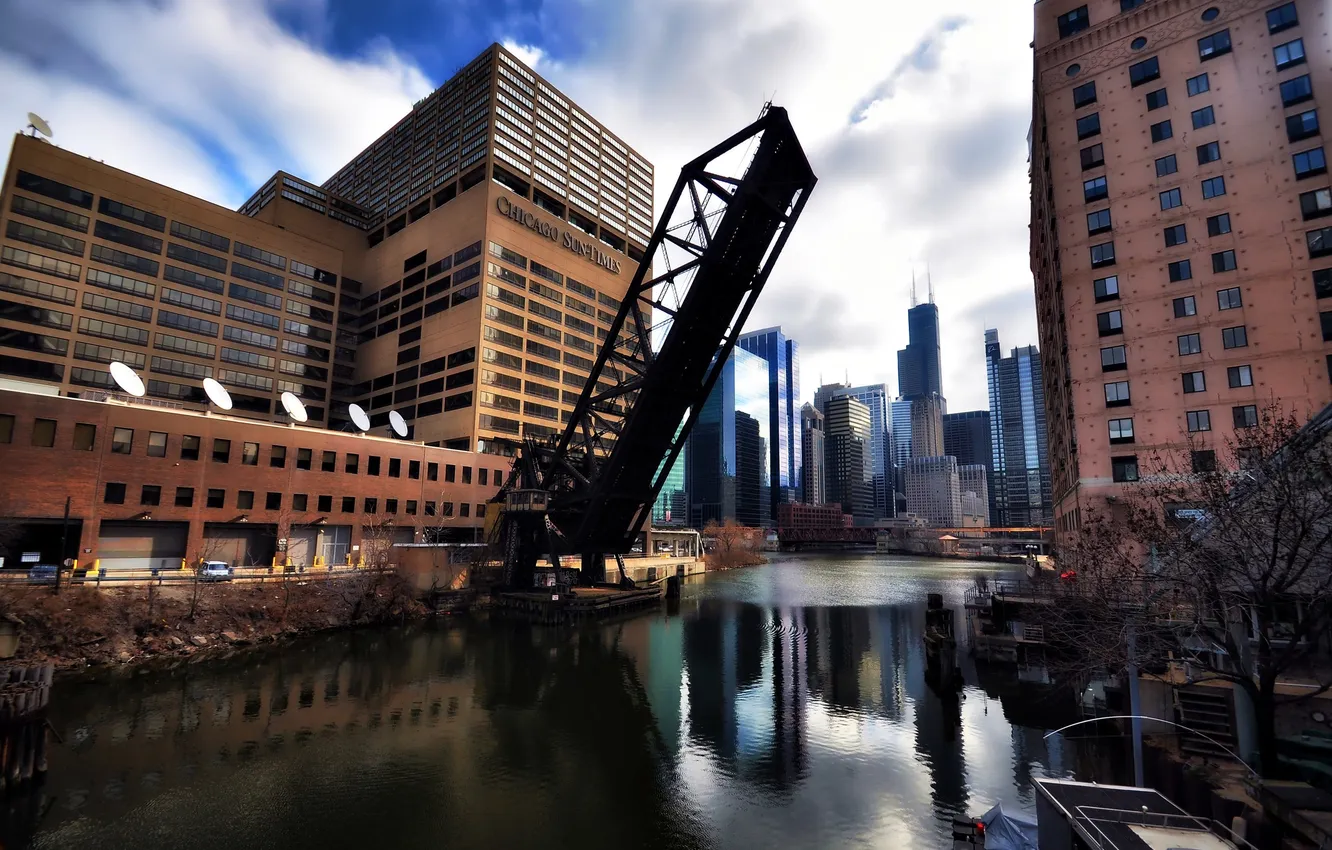 Photo wallpaper bridge, city, river, building, the evening, USA, America, Chicago