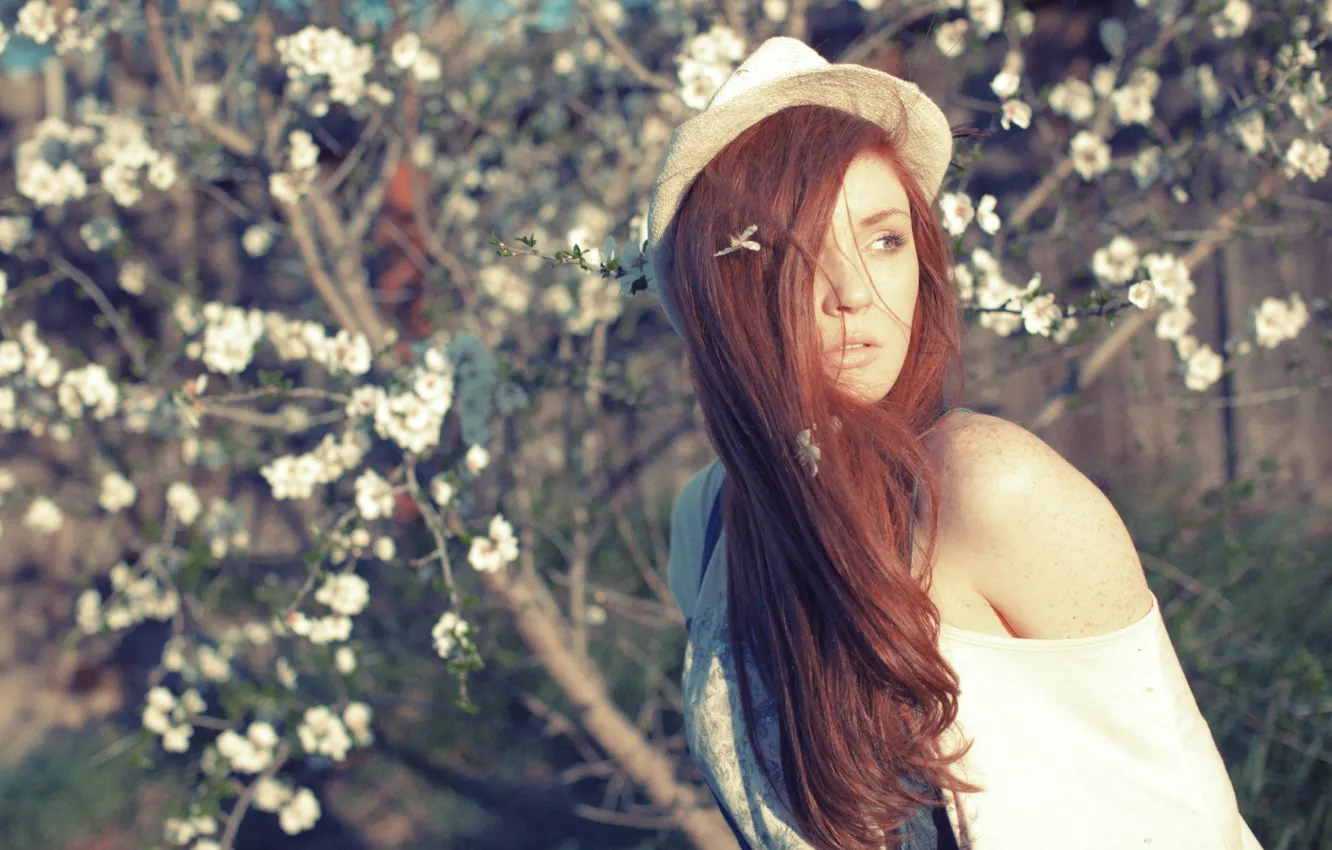 Photo wallpaper look, girl, flowers, hat, redhead, Danielle