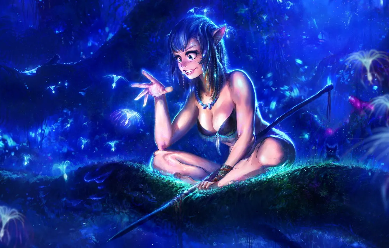 Photo wallpaper forest, girl, branches, animal, butterfly, spear, sitting