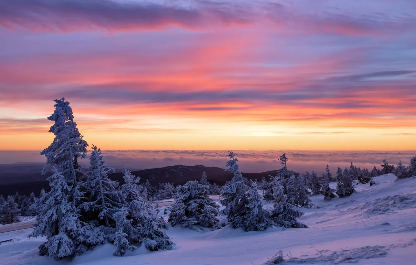 Photo wallpaper winter, sunset, mountains
