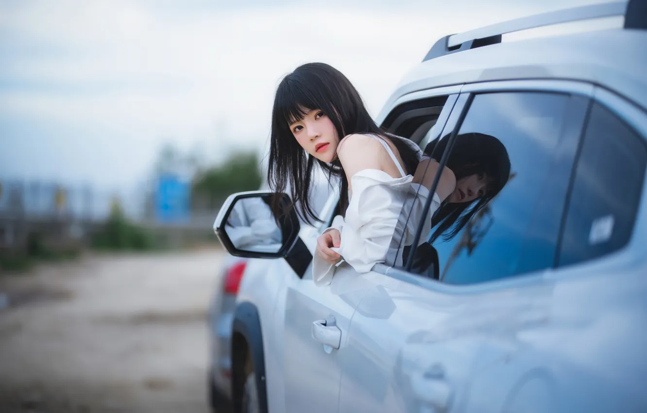 Photo wallpaper car, sky, woman, beautiful, evening, model, pretty, dusk