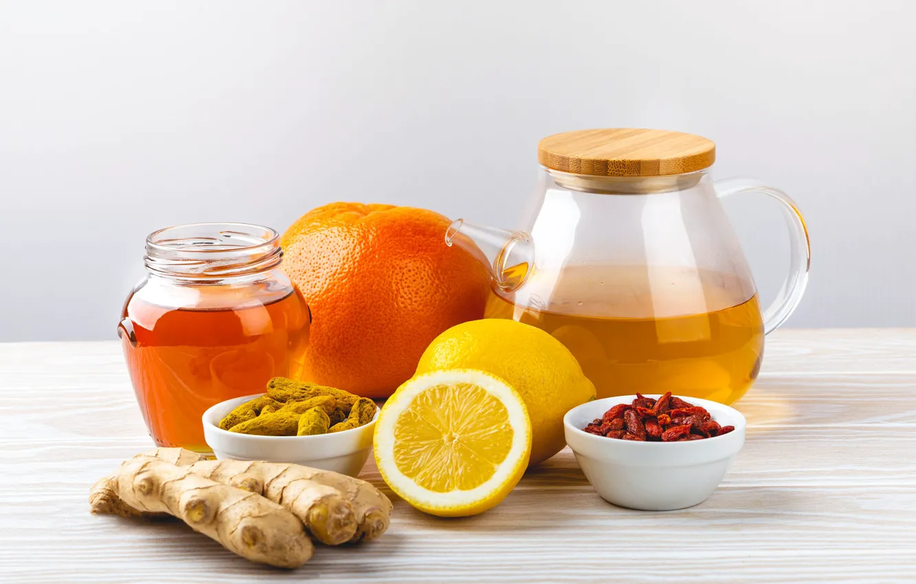 Photo wallpaper berries, table, lemon, tea, orange, kettle, fruit, Bank