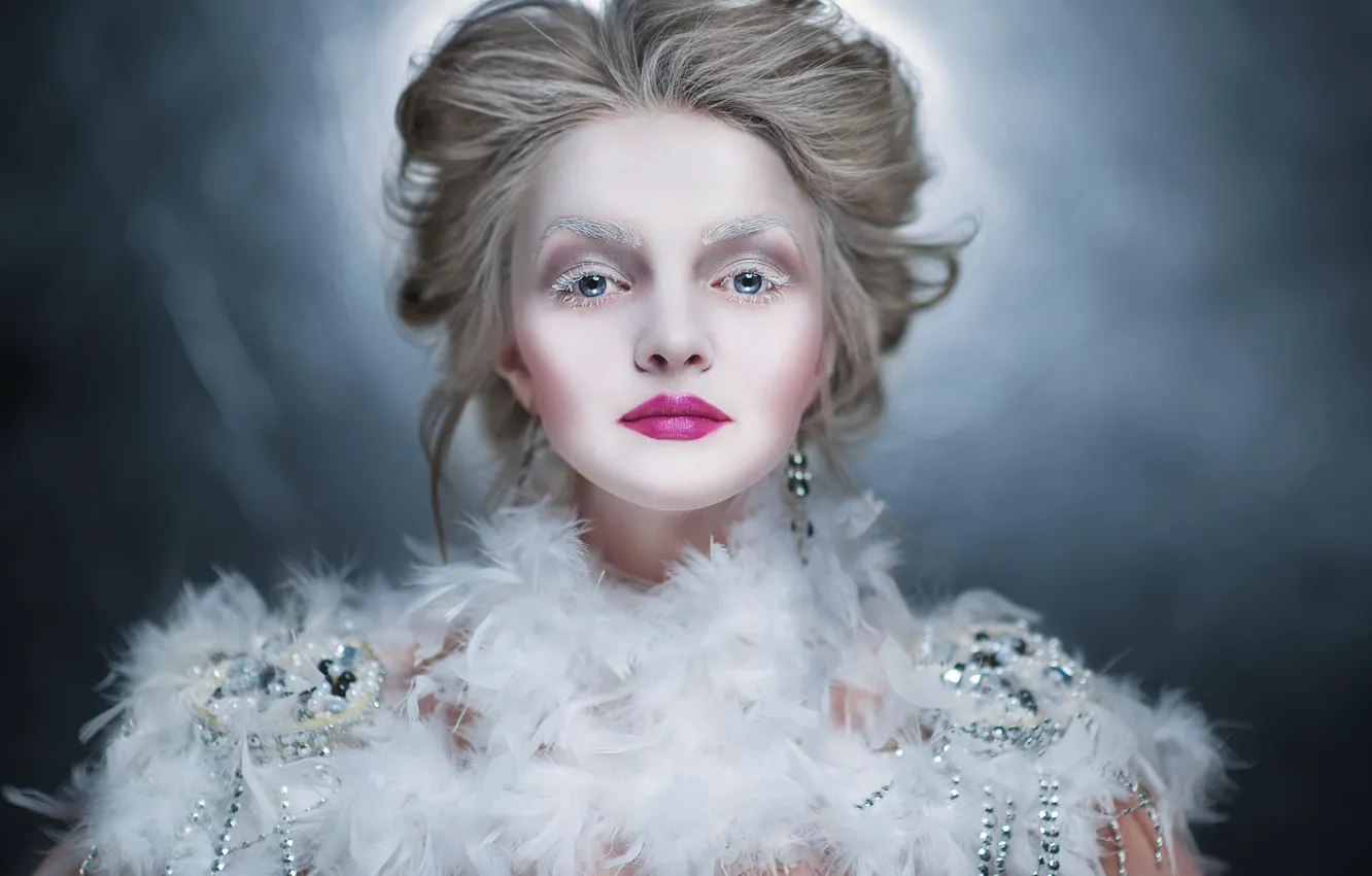 Photo wallpaper winter, girl, decoration, earrings, feathers, makeup, blonde