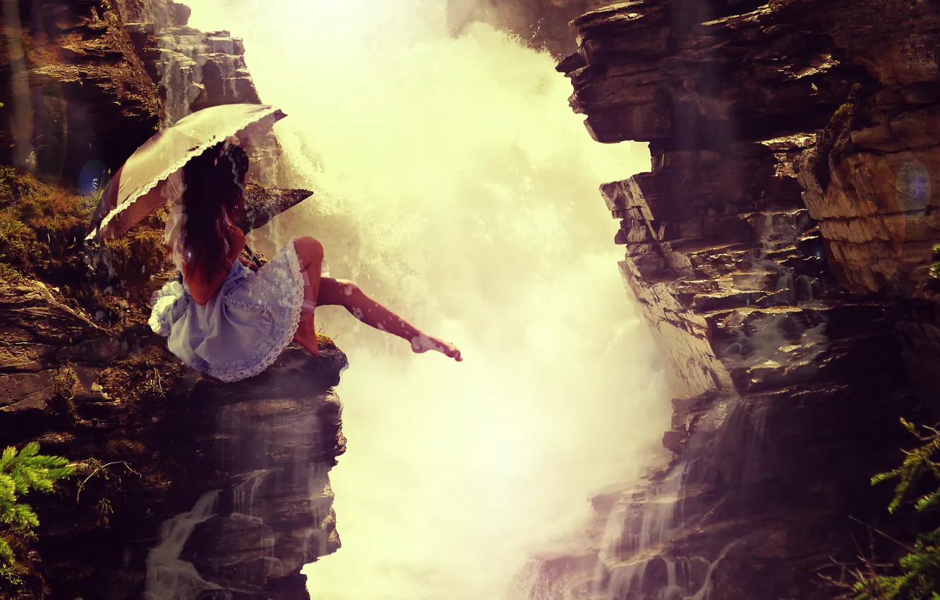 Photo wallpaper girl, stones, umbrella, waterfall