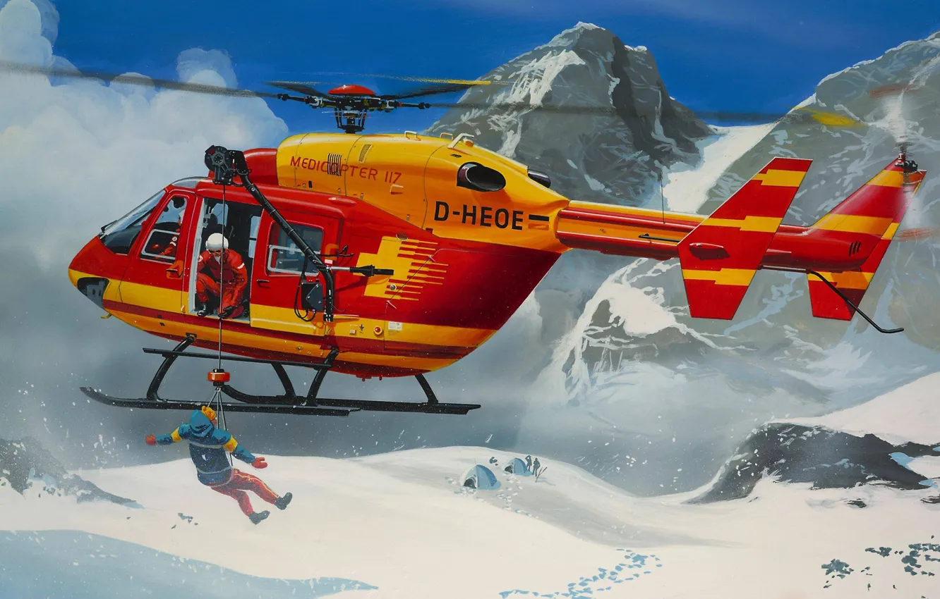 Photo wallpaper mountains, figure, helicopter, salvation, Kawasaki, multipurpose, Eurocopter, Medicopter 117
