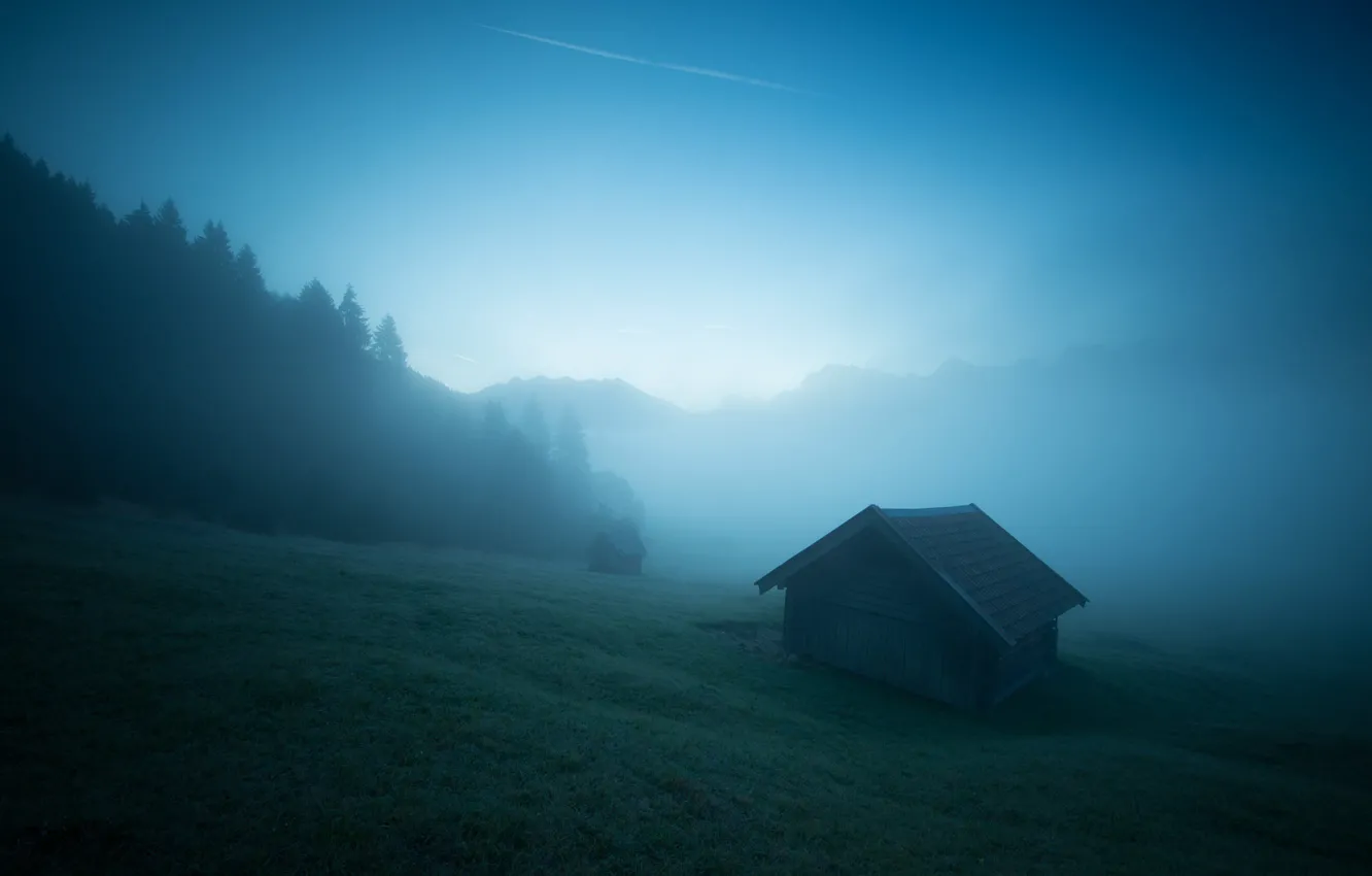 Photo wallpaper mountains, fog, morning, Alps, the barn, haze, house