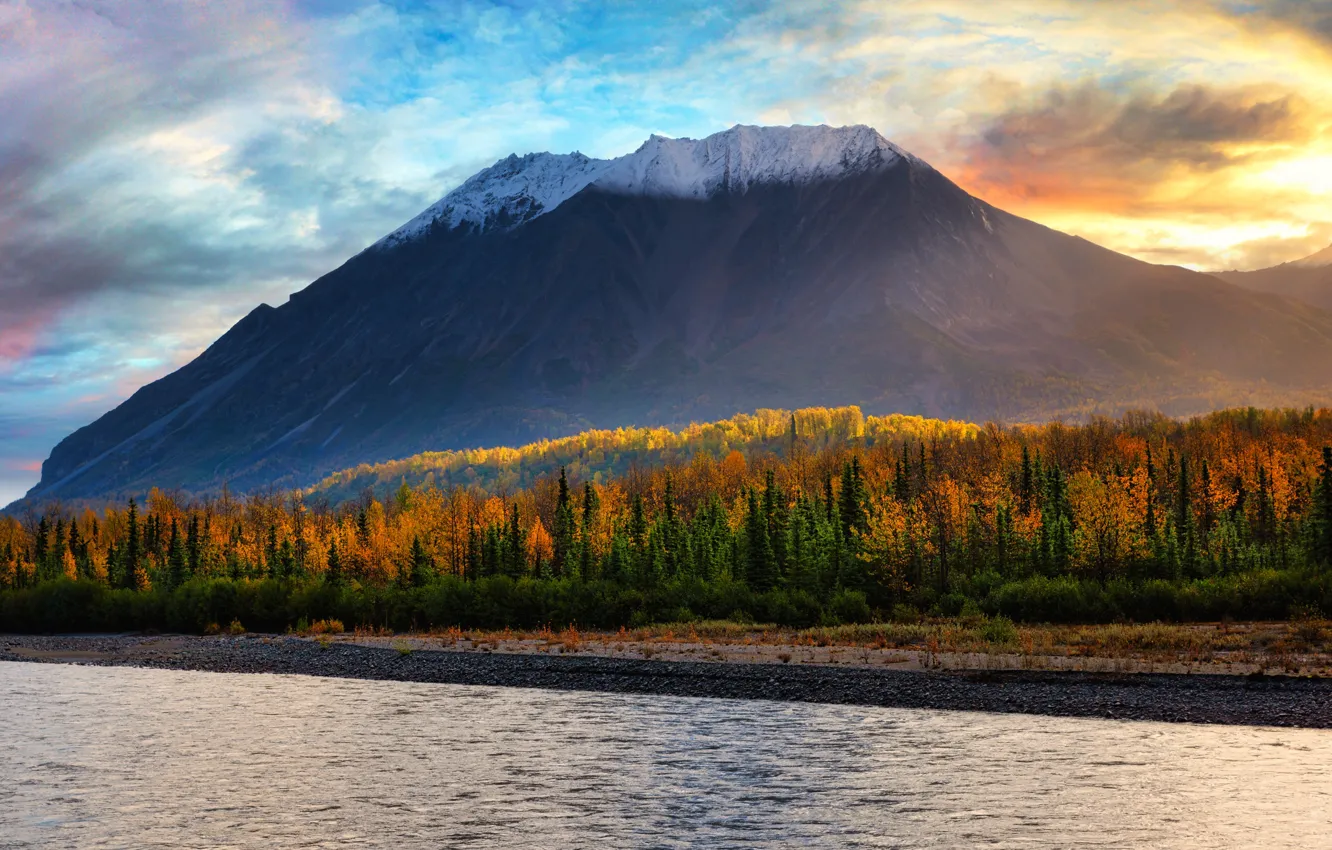 Photo wallpaper autumn, forest, the sky, the sun, clouds, light, snow, mountains