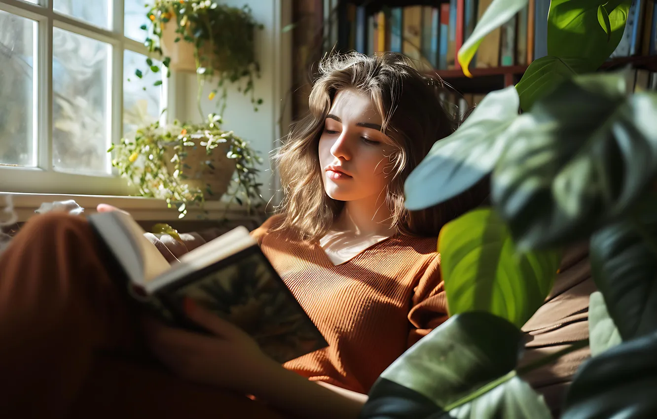 Photo wallpaper leaves, girl, light, room, plant, shadow, window, book