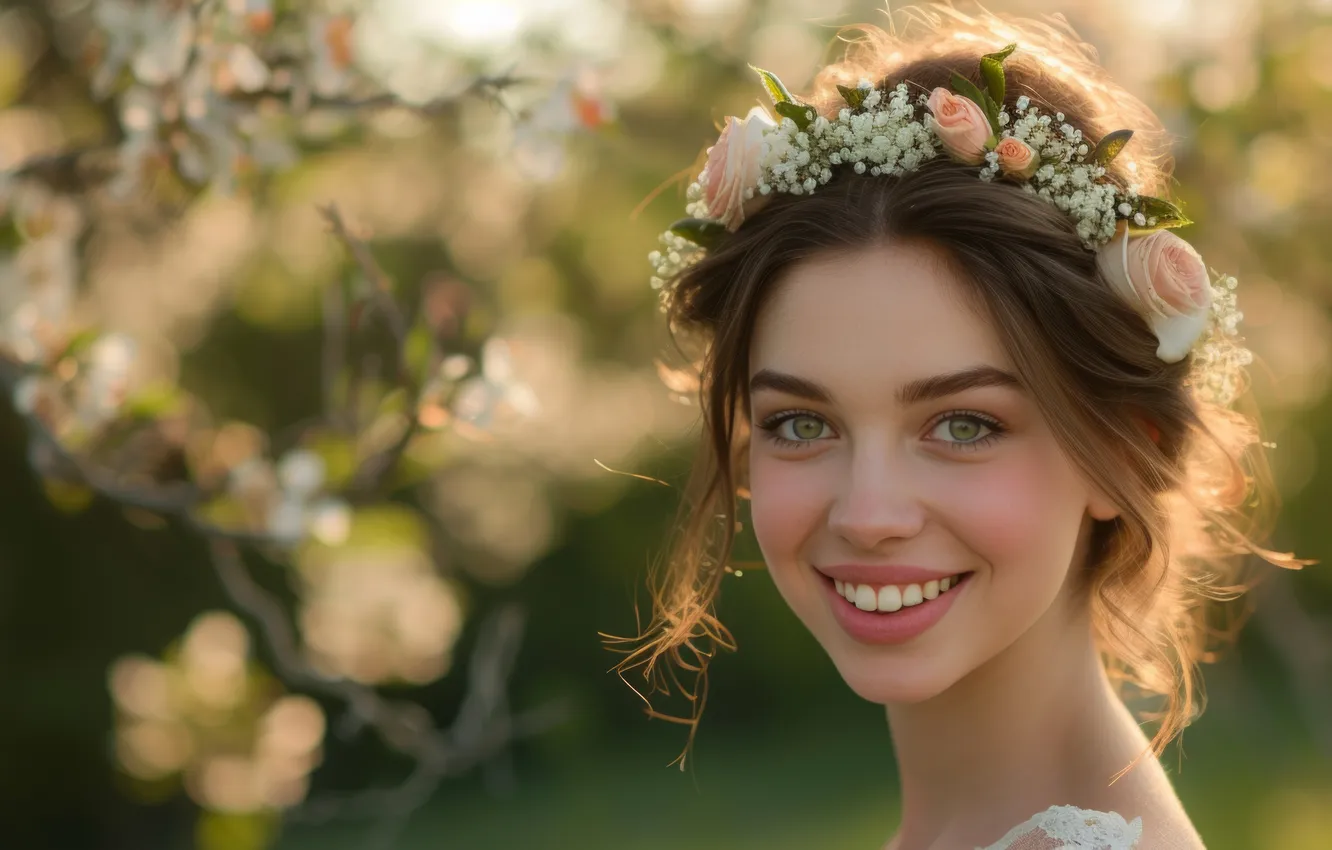 Photo wallpaper look, girl, light, flowers, face, smile, portrait, spring