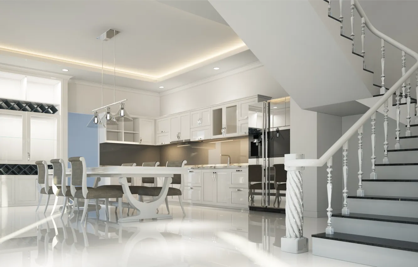 Photo wallpaper design, furniture, home, interior, kitchen, ladder, dining room