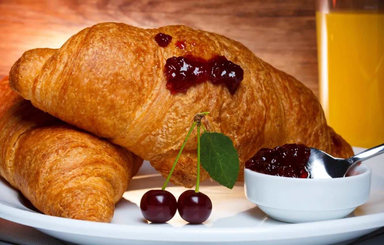 Photo wallpaper cherry, juice, croissant