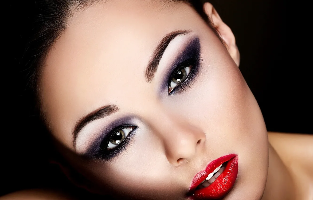 Photo wallpaper look, model, makeup, lipstick, lips, black background