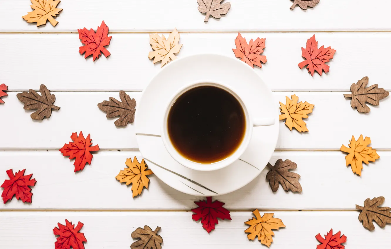 Photo wallpaper autumn, leaves, background, tree, coffee, colorful, Cup, wood