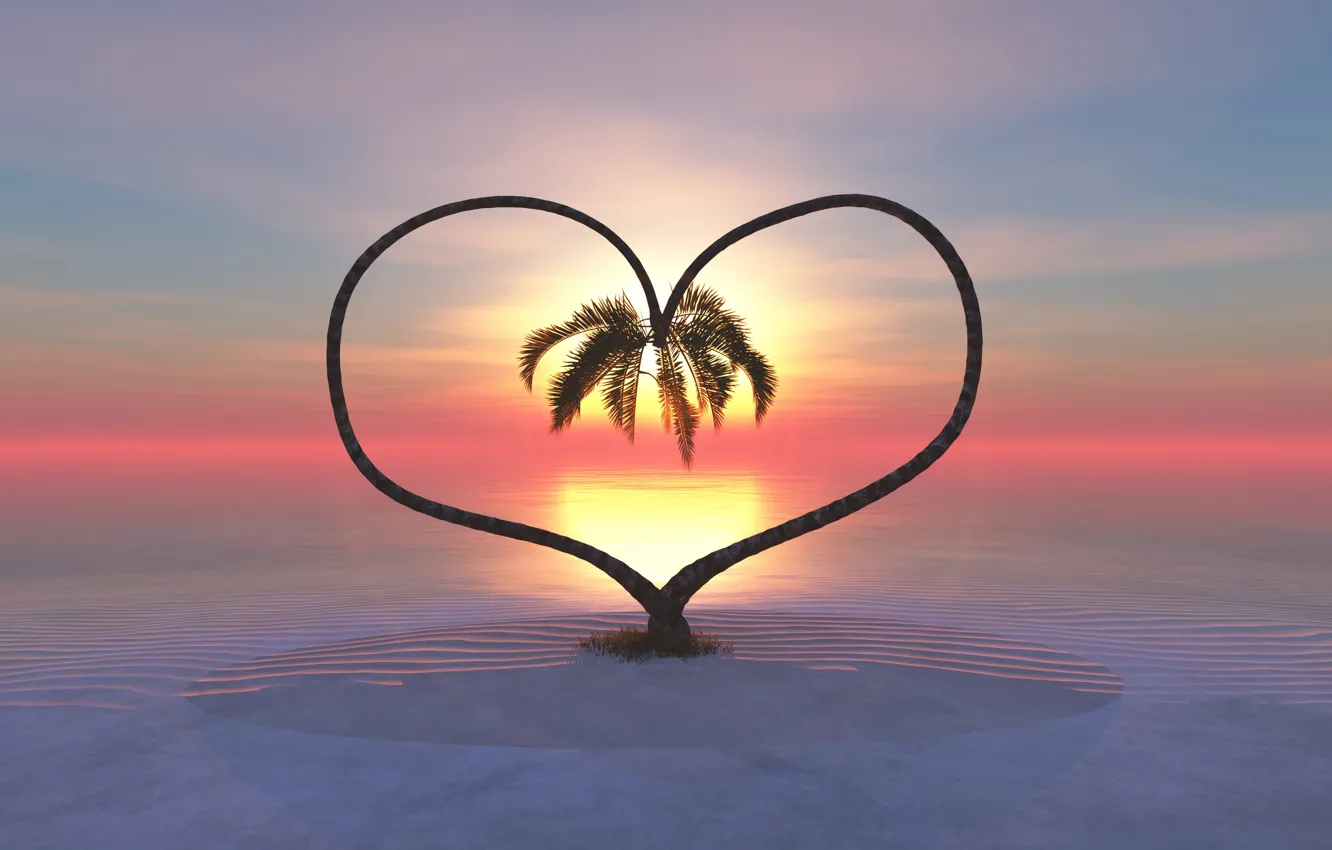 Photo wallpaper sunset, palm trees, heart