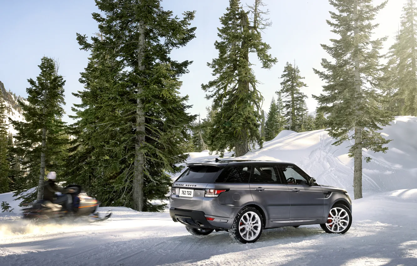 Photo wallpaper winter, machine, snow, trees, mountains, Land Rover, Range Rover, Sport