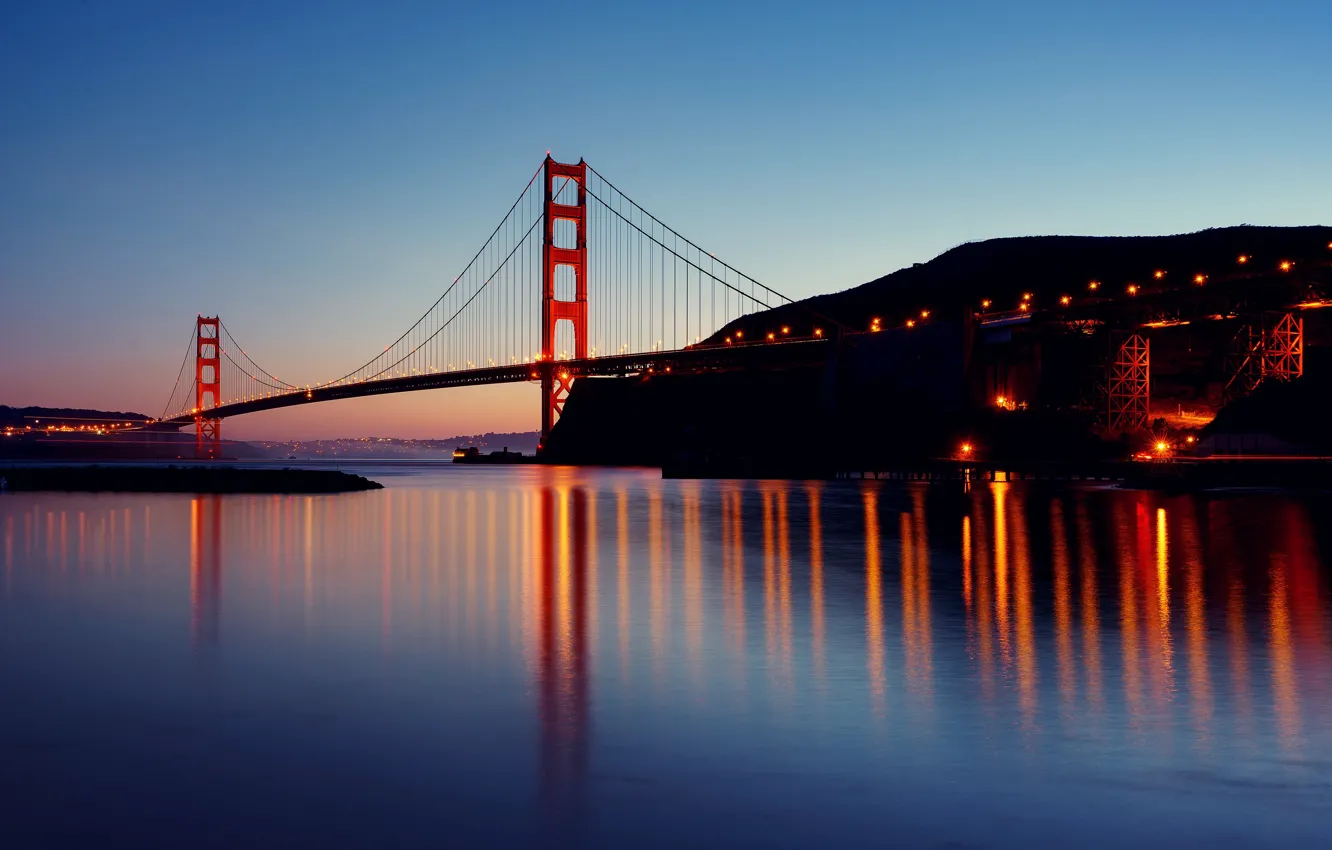 Photo wallpaper lights, reflection, the evening, CA, San Francisco, twilight, the Golden gate bridge