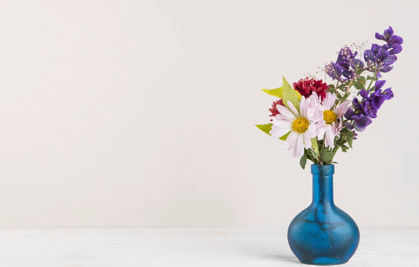 Photo wallpaper flowers, bouquet, vase, blue