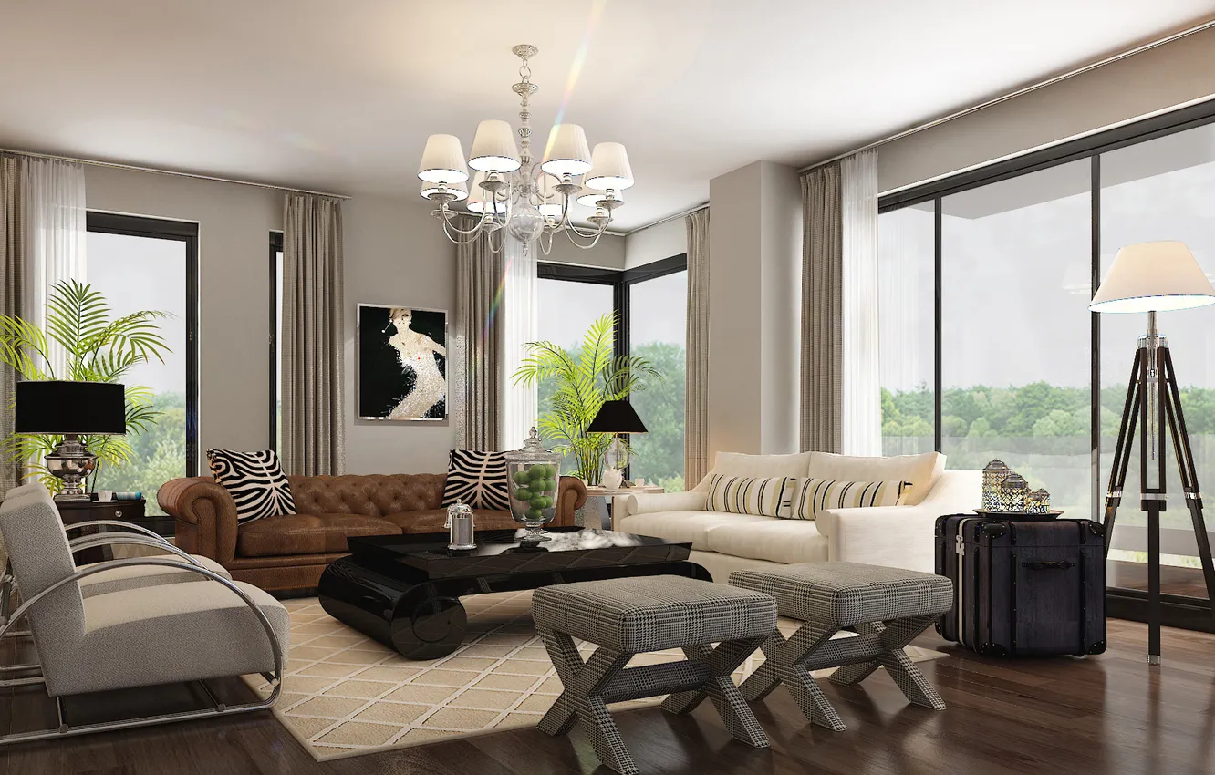 Photo wallpaper design, style, plant, lamp, interior, picture, living room, upholstered furniture