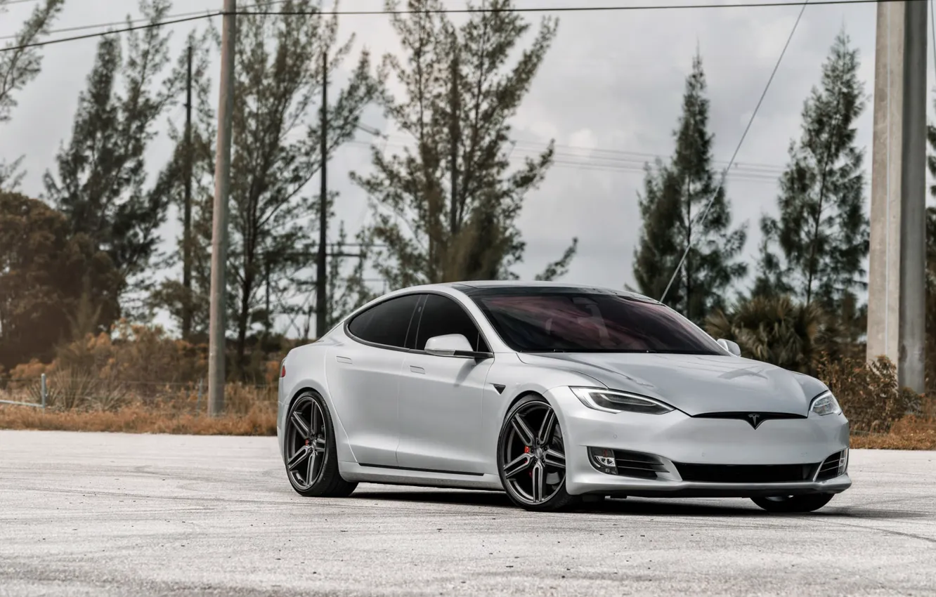 Photo wallpaper Tesla, Vossen, Silver, Model S, Electro Car, ECO